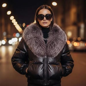 Puede incluir: Chaqueta acolchada negra con un gran cuello de piel gris. La chaqueta tiene cierre de cremallera y se usa con un cuello alto negro y gafas de sol. El fondo muestra luces borrosas de la ciudad.