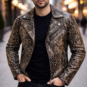 Blouson motard en cuir python pour hommes - Vêtements d'extérieur élégants à glissière, Lederjacken Herren