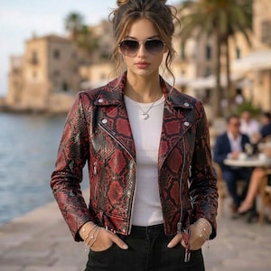 Python Embossed Moto Jacket – Women's Biker Jacket with Silver Zippers