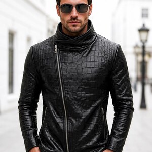 Croc Embossed Leather Jacket For Men | Streetwear Biker Style Coat | Slim Fit Jacket