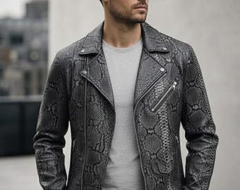 Ręcznie robiona kurtka motocyklowa z wężowej skóry Pythona - szara skórzana kurtka motocyklowa