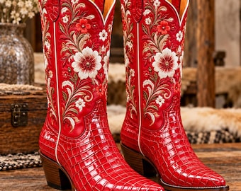 Women’s Red Crocodile Embossed Western Boots , Floral Embroidered