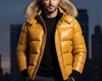 Męska kurtka skórzana puchowa z obszernym kapturem z prawdziwego futra lisa – zimowy luksusowy płaszcz
