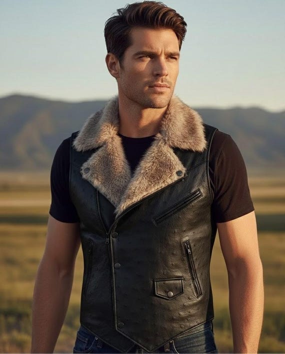 Ostrich Leather Vest With Faux Fur Collar – Men's Slim Biker