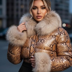 May include: A brown and gold snakeskin-patterned jacket with a fur collar and cuffs. The jacket has a quilted design and a high collar. The fur trim is a light beige colour. The jacket is a stylish outerwear piece.
