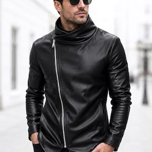 Men’s Black Leather Jacket | Slim Fit Biker Style Coat  | Modern Urban Outfit