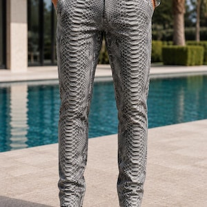 Python Embossed Leather Pants Men , Exotic Snake Skin Trousers , motorbike Jeans