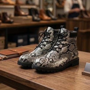 ハンドメイドパイソンレザーブーツ：ユニセックスブラックスネークスキンブーツ