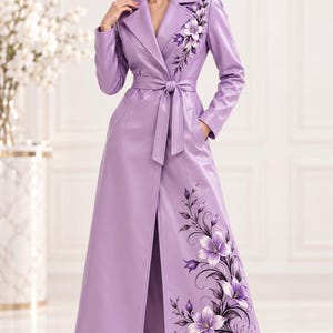 Luxury Long Leather Coat Women , Printed Floral Design , Lavender Over Coat