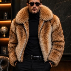 May include: A brown and tan faux fur jacket with a large collar, a front zip fastening, and long sleeves. The jacket is worn over a black turtleneck jumper, paired with black trousers and a black leather belt with a silver buckle.