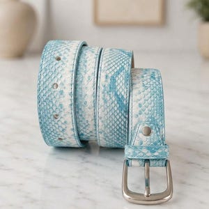May include: A coiled belt featuring a light blue and white snakeskin pattern. The belt includes a silver-toned metal buckle, a matching belt loop, and a series of circular holes along the strap for adjustment. The texture mimics reptile scales.