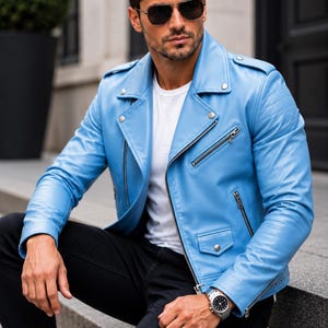 Sky Blue Leather Biker Jacket Men | Stylish Slim Fit , Luxury Coat