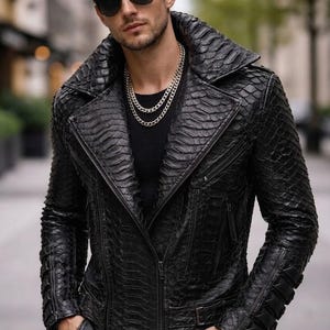 Chaqueta de piel de pitón para hombre / Abrigo de piel de serpiente exótica / Prendas de abrigo de lujo