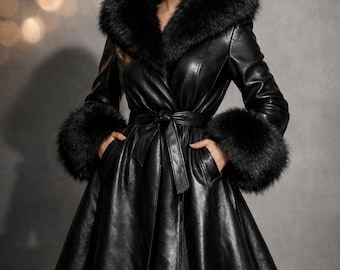 Black Leather Trench Coat – Women's Faux Fur Collar & Cuffs