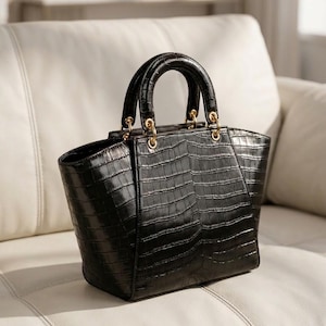 Luxury Black Crocodile Embossed Leather Tote Bag, Office & Everyday Carry Bag | Gift for Her