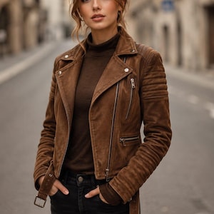 Women's Brown Suede Leather Biker Jacket - Handmade Slim Fit, Fall Outerwear