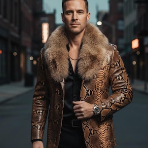 May include: A brown snakeskin-patterned blazer with a fur collar. The jacket is worn over a black shirt and trousers. A gold chain and a silver watch are visible. The background is a city street.