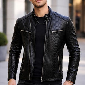 Chaqueta de piel de pitón auténtica para hombre / Abrigo de piel de serpiente exótica / Prenda de abrigo de lujo de diseñador