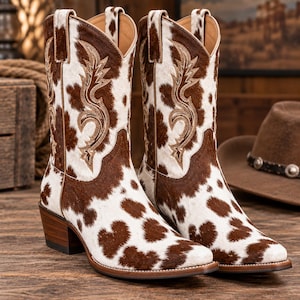 May include: A pair of mid-calf cowboy boots featuring a white and brown cowhide pattern. The boots have a pointed toe, a stacked wooden heel, and intricate tan embroidery detailing on the upper shaft. The design includes pull tabs at the top.