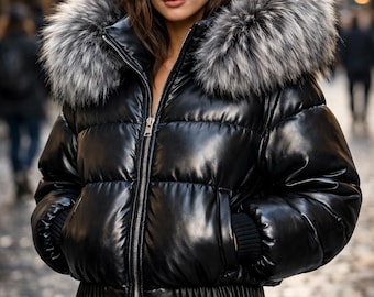 Women Puffer Jacket Genuine Leather Bomber with Fox Fur Hood Outwear