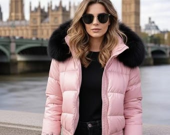 Pink Leather Puffer Jacket with Black Fox Fur Hood And Cuffs - Lambskin-Gift For Her