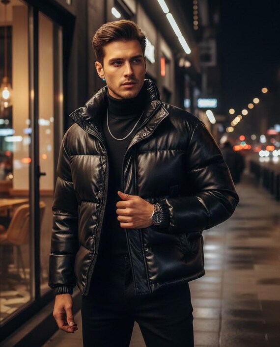 Men's Puffer Leather Jacket with Genuine Sheep Leather , Pufferjacken Herren