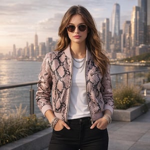 Puede incluir: Chaqueta bomber rosa y negra con estampado de piel de serpiente, con cuello y puños rosa claro. La chaqueta está abrochada con cremallera y se lleva sobre una camiseta blanca y pantalones negros. El fondo muestra un horizonte urbano y agua.