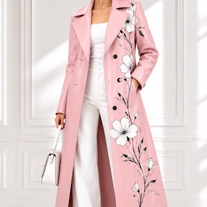 Rosa Ledermantel | Blumenmuster, langer, luxuriöser Damenmantel