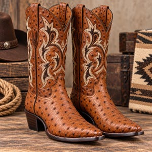 Puede incluir: Un par de botas vaqueras de color tostado con un patrón texturizado de puntos en la superficie de cuero. Las botas tienen punta afilada, tacón apilado y costuras decorativas intrincadas en crema y marrón oscuro en las cañas altas con tiradores.