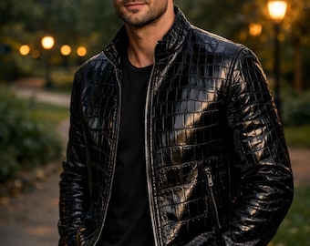 Genuine Black Crocodile Embossed Leather Jacket: Men's Slim Fit Coat