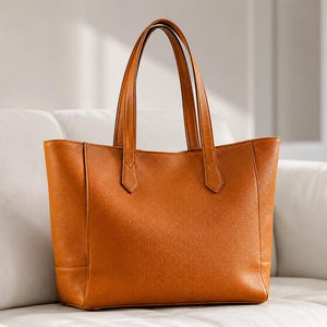 May include: A structured tan tote bag with a pebbled texture, featuring two long vertical handles attached with pointed tabs at the base. The bag has a wide, open top design with clean, minimalist stitching along the side panels and base.