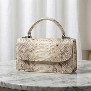 Peut inclure: Un sac à main structuré présentant un motif en peau de serpent beige et marron. Le sac possède une poignée supérieure unique, une fermeture à rabat rectangulaire et des attaches en métal argenté reliant la poignée au corps du sac.