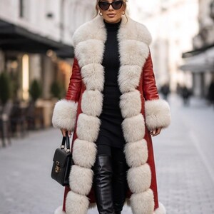 Women’s Genuine Leather Coat with Faux Fur Trim | Handmade Luxurious Long Overcoat