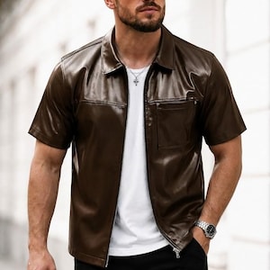 Men's Brown Genuine Leather Short Sleeve Shirt Jacket, Camp Collar Zip Front