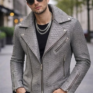 Blouson motard en cuir python pour hommes, cuir peau de serpent noir, vêtements d'extérieur de luxe