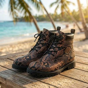 May include: A pair of brown and black snake-skin patterned boots with black laces and soles. The boots are placed on a wooden surface with a beach and palm trees in the background.