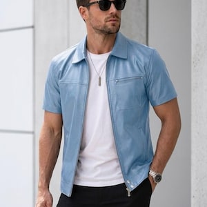 Sky Blue Leather Shirt For Men | Modern Casual Leather Outwear