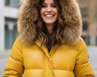 Yellow Puffer Jacket  Women's Genuine Leather Bomber with Fox Fur Hood Outwear