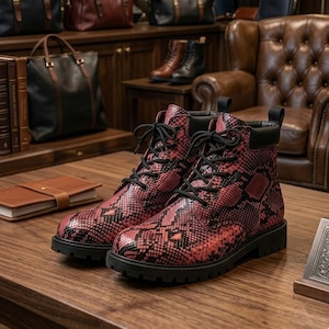 Puede incluir: Un par de botas rojas y negras con estampado de piel de serpiente, con cordones y suelas negras. Las botas se exhiben sobre una superficie de madera, mostrando un diseño de calzado elegante y atrevido. Las botas tienen un estilo clásico con cordones.