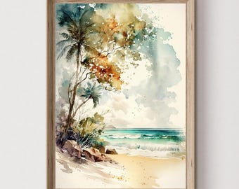 Lámina con palmeras en la playa, arte mural tropical oceánico, acuarela costera, descarga digital para casa de playa.