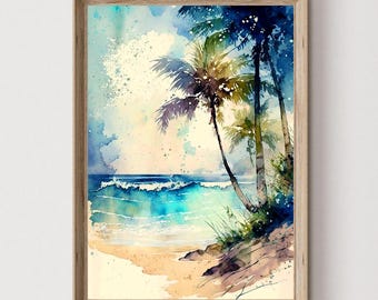 Lámina de palmeras en acuarela, arte mural de playa tropical, decoración costera oceánica, descarga digital.
