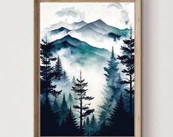 Forest Landscape Watercolor Painting, Printable Woodland Wall Art Print, Downloadable Nature Artwork, Rustic Cottagecore Home Decor