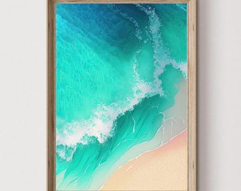 Beach House Wall Art, Ocean Wave Print, Coastal Teal Decor, Watercolor Digital Download