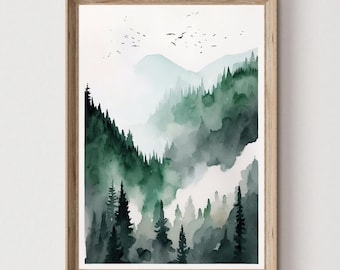 Misty Pine Forest Print, Foggy Woodland Wall Art, Green Tree Watercolor Digital Download