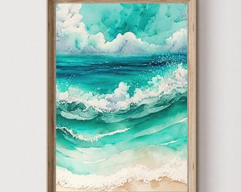 Minimalist Ocean Wave Watercolor, Modern Teal Abstract Sea Print, Simple Coastal Wall Art, Airy Beach Decor Digital Download