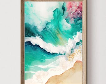 Watercolor Ocean Print, Teal Wave Wall Art, Coastal Beach Decor, Digital Download Printable Art
