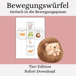 Puede incluir: Un cubo de movimiento imprimible con temática de animales con ilustraciones de animales e instrucciones en alemán. El cubo presenta una ilustración de erizo y el texto "Tier-Edition Sofort Download" sobre un fondo rosa.