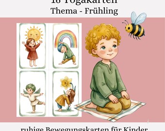 16 yogakaarten voor kinderen, yoga voor kinderen in de lente, bewegingskaarten voor kinderdagverblijven en kleuterscholen, Montessori-materiaal, PDF, kaarten voor de ochtendkring.