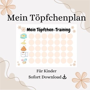 Puede incluir: Un gráfico beige de entrenamiento para ir al baño con el texto "Mein Töpfchenplan" y "Mein Töpfchen-Training". El gráfico incluye ilustraciones de un orinal, orina, caca, papel higiénico y lavado de manos. También está presente el texto "Für Kinder" y "Sofort Download".