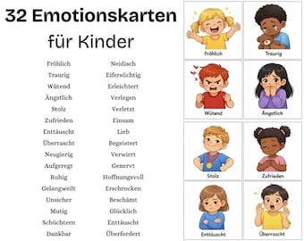 May include: An educational resource featuring 32 emotion cards for children. The cards, written in German, depict children expressing feelings such as happiness, sadness, and anger. The image is designed to aid children in recognising and understanding emotions.